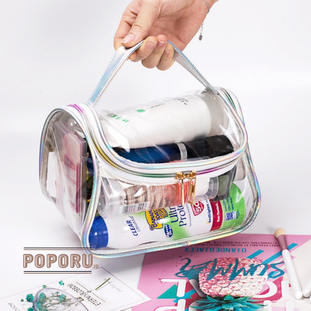 POPORU CLEAR HOLO Handy Pouch / Tas Kosmetik Bening / Pouch Transparan Travel  Murah / Anti Air PVC