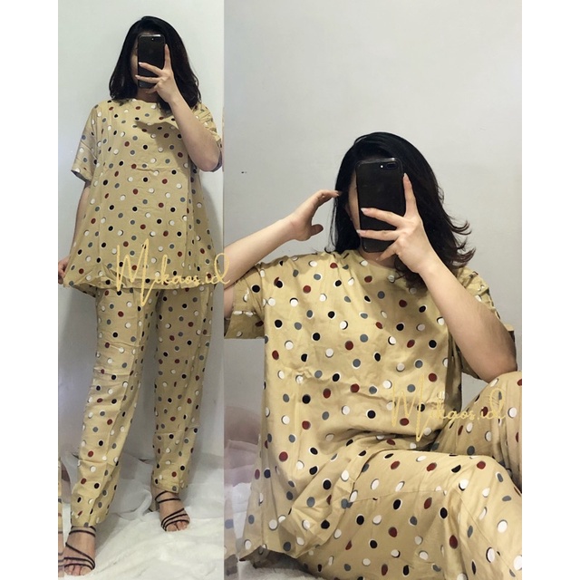 (COD) One set Piyama Abstrak Jumbo fit to Ld120cm | one set piyama rayon jumbo | one set pajamas Jumbo-POLKA NUDE LD120cm