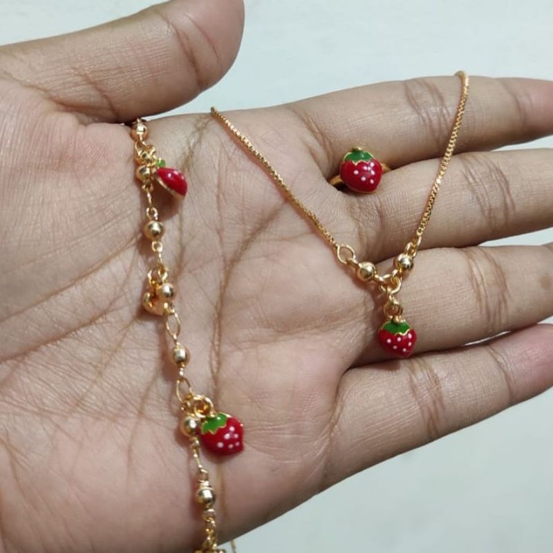 3in1 Set Perhiasan Anak Perempuan / Cewe Kalung + Gelang + Cincin Emas Perhiasan Import Anti Karat