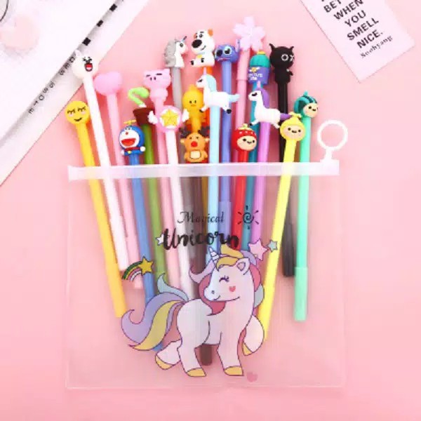 

10pcs Pulpen Set Karakter Campur Free tempat pensil Cactus unicorn pvc