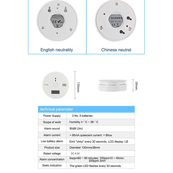 Carbon monoxide alarm home detector CO blue smoke detection LCD display alarm OWT