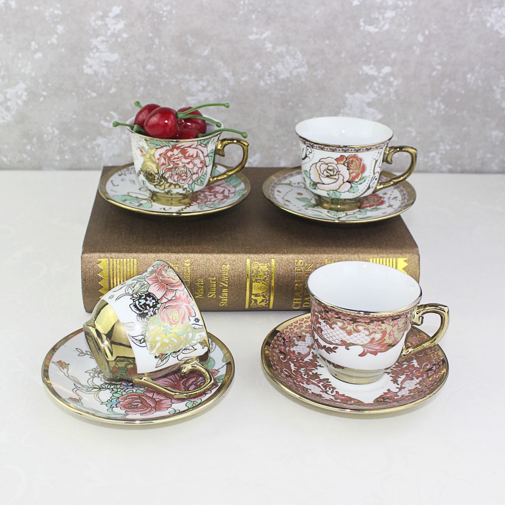 Cangkir Teh atau Kopi Keramik Motif Bunga Set isi 6pc Uk 8.5x7.5cm