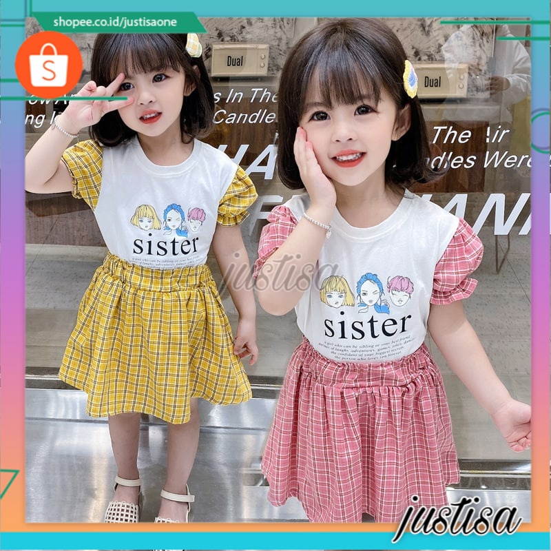 Promo !! Setelan baju anak perempuan / Setelan three sister square import ukuran 1-2 tahun (pink,kuning)