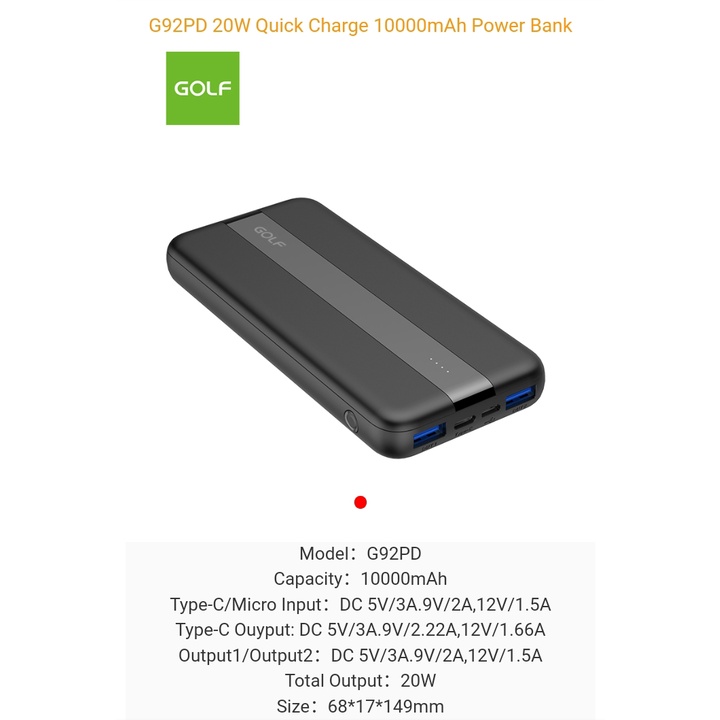 MINIGO POWER BANK G92 PD + QC 10.000mah 20w Quick Charge Warna : Black and White - 2USB Output + TypeC output PD+ QC -- 2input micro &amp; type C Fast Charge.