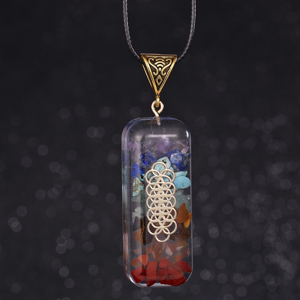 6 Petal Flower Circle Geometric Color Seven Chakra Epoxy Natural Stone Gravel Leather Rope Couple Pendant Necklace Gift Jewelry