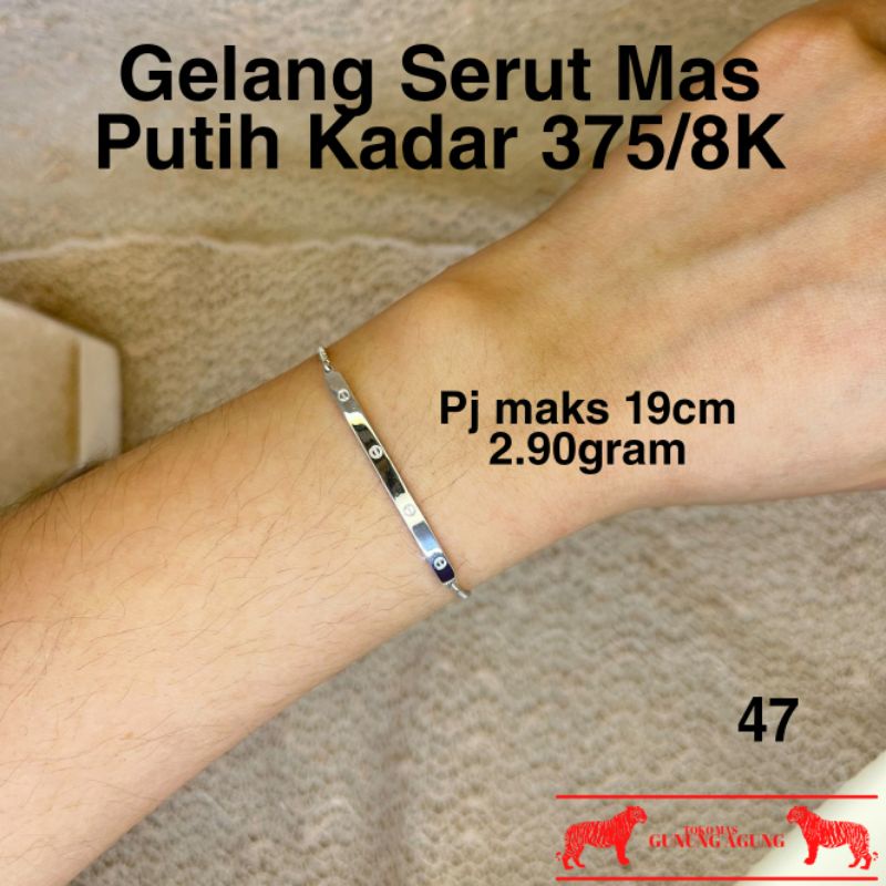 Gelang Serut Mas Putih 375/8K Model Plat Cartier Serut Cartier Emas Asli