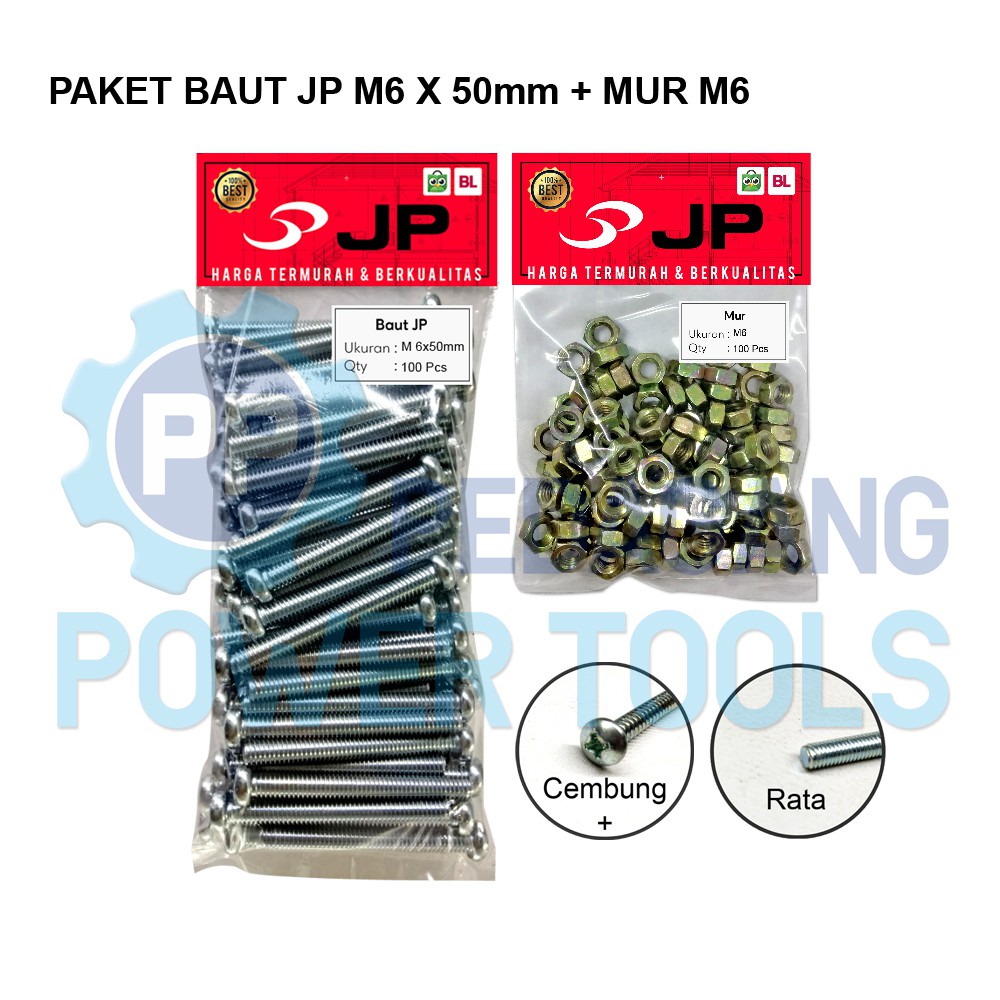 PAKET 2 SET BAUT MUR 6x50 BAUT JP M 6 x 50 MM MUR M6 SKRUP ISI 100 PCS