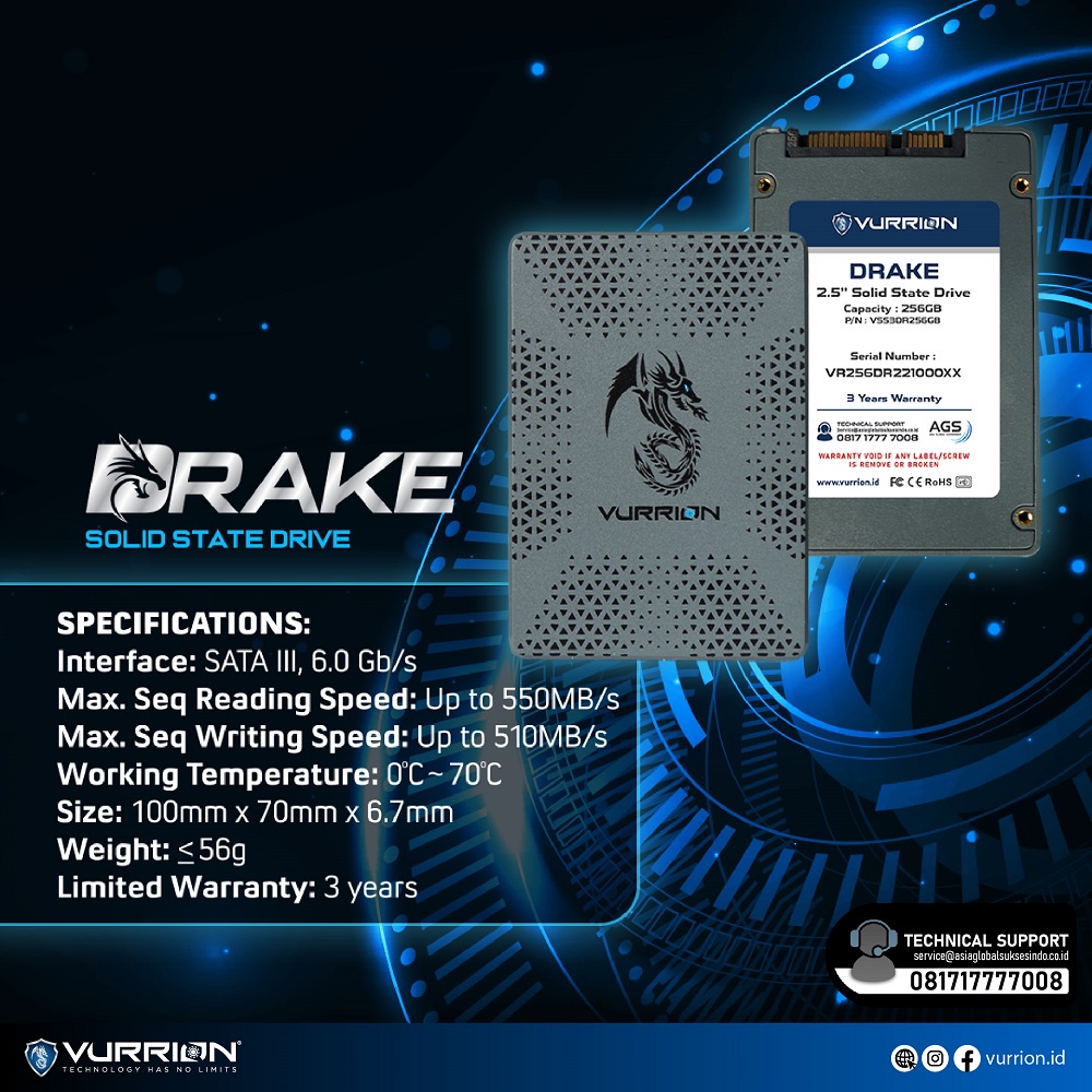 SSD Sata 512GB Vurrion Drake 2.5&quot; Untuk PC / Laptop Garansi Resmi