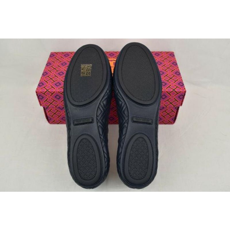 Tory Burch Minnie Quilted Black Nappa Leather Gold Ballet Flats