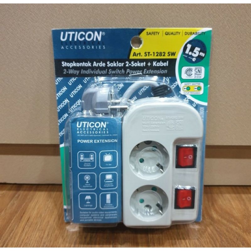 Uticon Stop Kontak Arde Saklar 2 Soket Kabel 1.5 Meter Kode ST-1282 SW