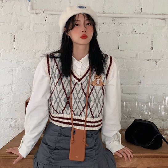 Versi Korea dari rompi rajut v-neck retro baru wanita crop top rompi rajut korea jaket korean style