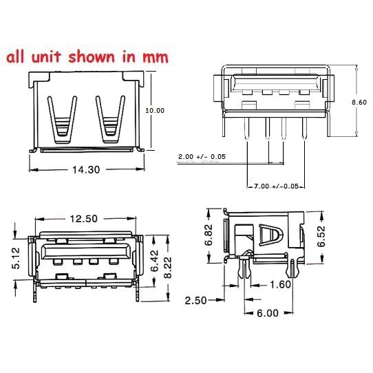 Socket - Konektor - Conector USB 2.0 Type A Female PCB Mounting kaki tekuk