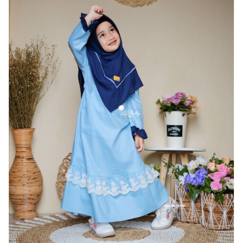 10-11 TAHUN LD 43 PANJANG BAJU 110 SET JILBAB PET SYARI GAMIS BAYI BABY LABELLA BIRU KATUN JEPANG SI