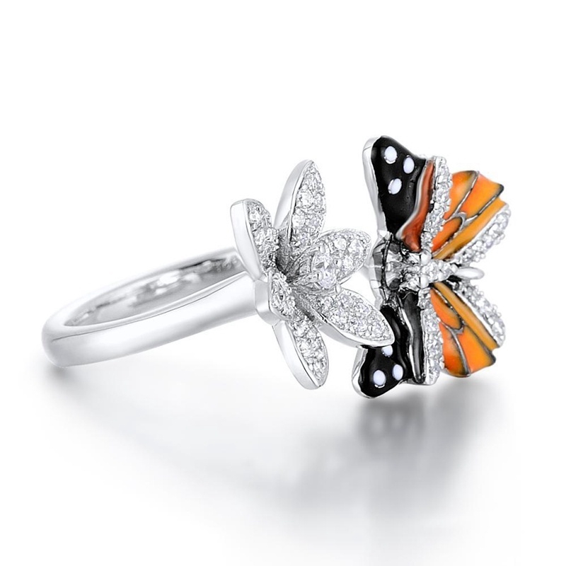 Cincin Sterling Silver 925 Desain Bunga + Kupu-Kupu Hias Kristal / Berlian Untuk Wanita Butterfly