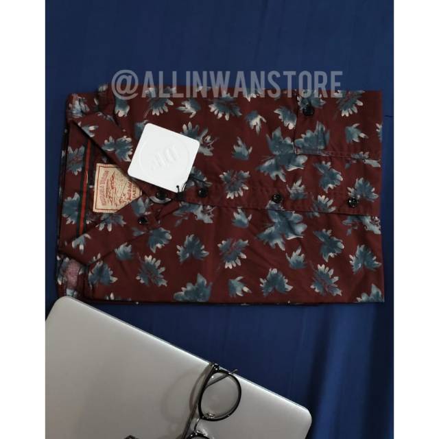 KEMEJA FLORAL DE FARIZ MERAH MOTIF DAUN BIRU ORIGINAL 100% (KEMEJA CASUAL) Hawai, Floral, Pantai