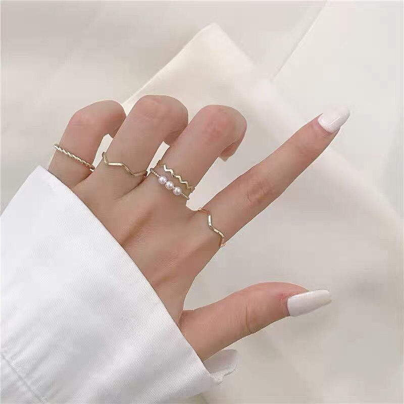 AY(CN) Ifyou Set Cincin Metal Desain Geometri Hias Mutiara Gaya Korea Aksesoris Wanita