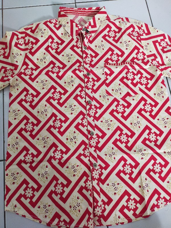 Kemeja Batik Pria Dewasa Lengan Pendek Slim Fit Warna Merah Edisi Imlek, 113 Bl# Bahan Katun Stretch