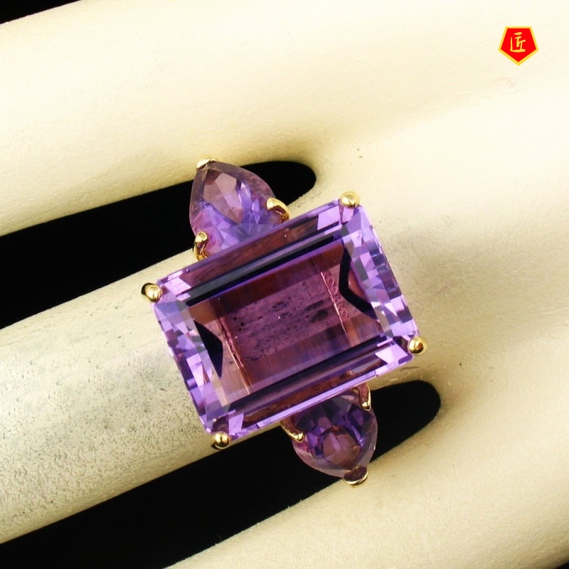 [Ready Stock]Amethyst Tourmaline Diamond-Studded Ring 18K Gold