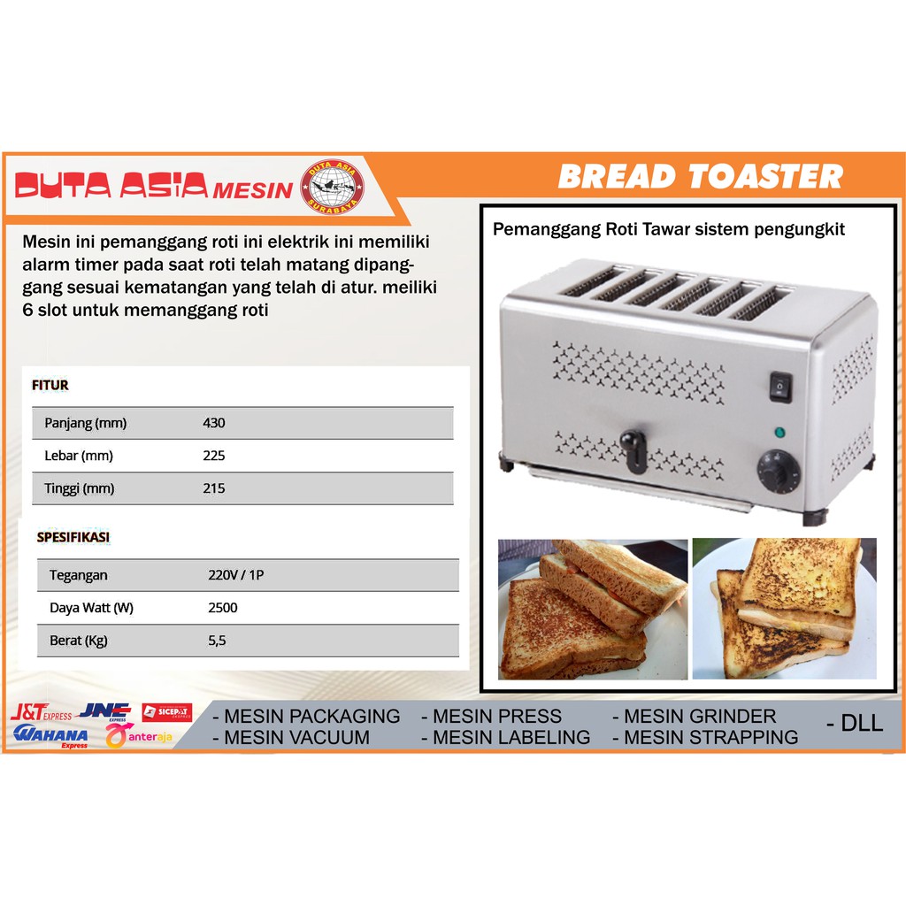 MESIN ELEKTRIK PEMANGGANG ROTI TAWAR ANGKAT MANUAL ISI 6 SLOT