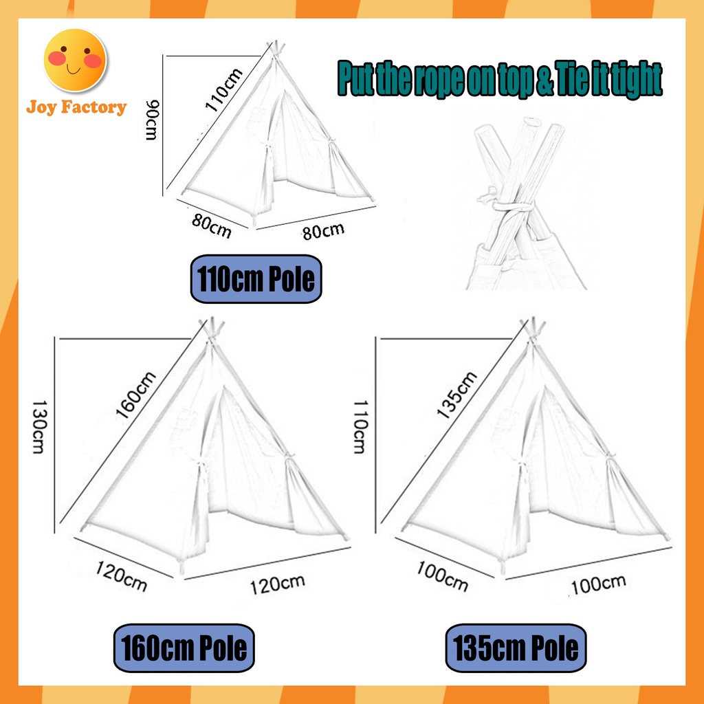 110-135-160cm Kids Teepee, Tenda India Anak Portable Playhouse Canvas Indoor &amp; Outdoor Ruangan Princess Castle Princess Model Rumah Mainan Anak