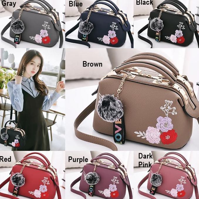 Produk Unggulan Doctor Bag P1433 Tas Handbag Embroiderry Bunga Flower Gantungan Pompom