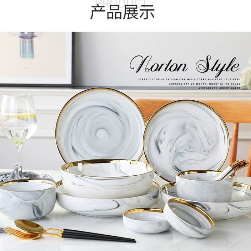 Piring Marble Set Warna Abu-Abu/Pink, Piring Set Marble