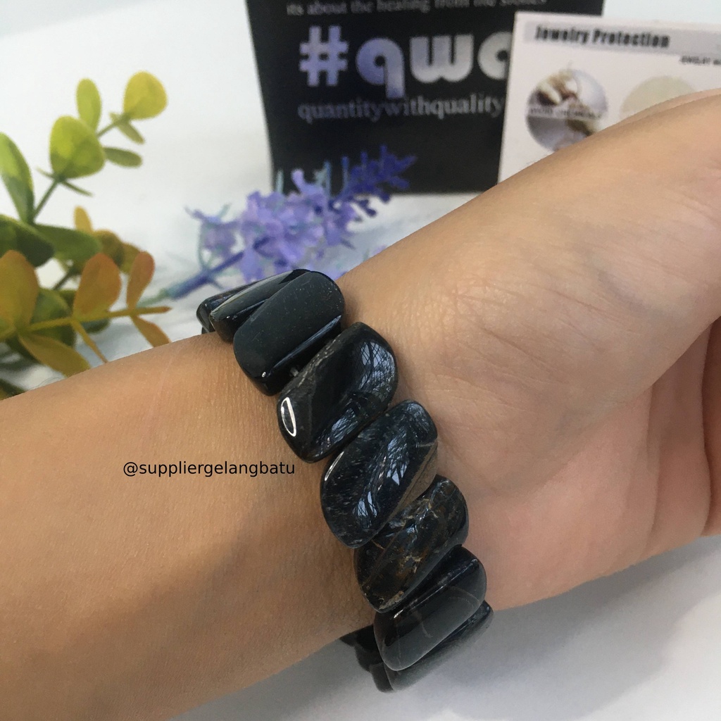 Gelang Batu BLACK TIGER EYE CUTTING PANJANG limited natural asli akik