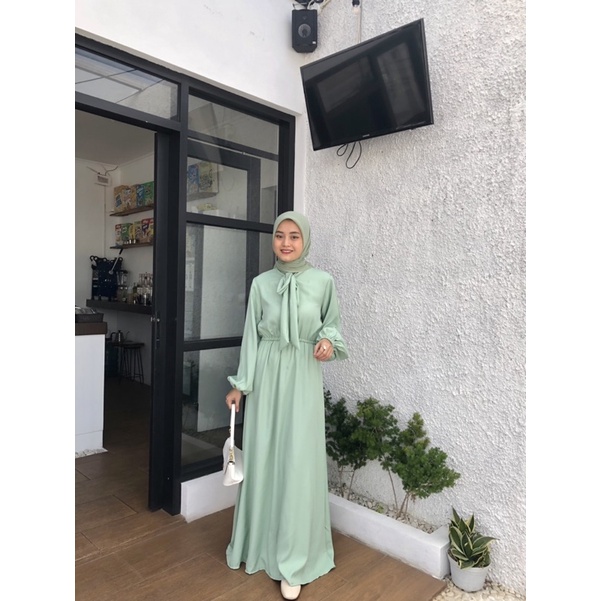 [ COD ] Nadya Dress | Varian Melon | Gamis Muslimah Bahan Shakila | Dress Warna Sage Green Kekinian | Kondangan Outfit |