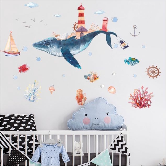 Stiker Dinding Wallstiker Motif Ikan Paus Whale Dekorasi Kaca Rumah Kamar Mandi