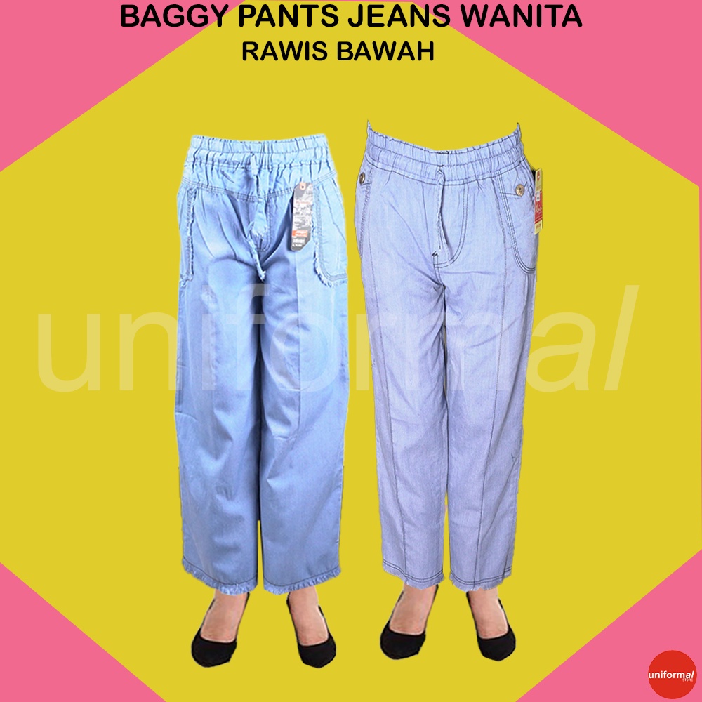 Celana Baggy Pants Jeans Wanita,  Baggy Pants Jins Model RAWIS, Celana Perempuan Pinggang Karet Tali, Celana Wanita Kekinian Saku Depan, Baggy Boyfrend Mid Waist ROSE BAGGY PANTS // BOYFRIEND JEANS SNOW