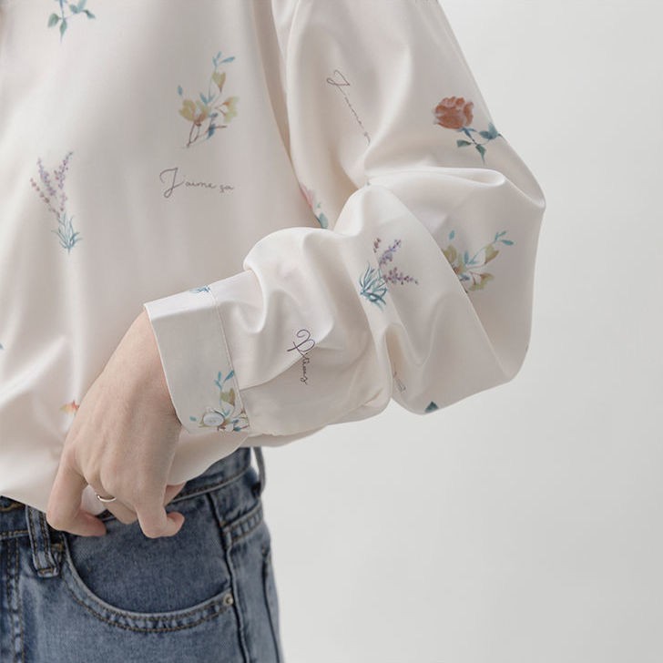 【impor】 Atasan kemeja wanita sifon lengan panjang putih POLO motif bunga formal-4