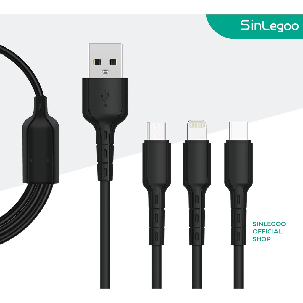 Sinlegoo XH-12 kabel data 3in1 charger handphone 2.4A fast charging support android ios garansi resmi-Hitam