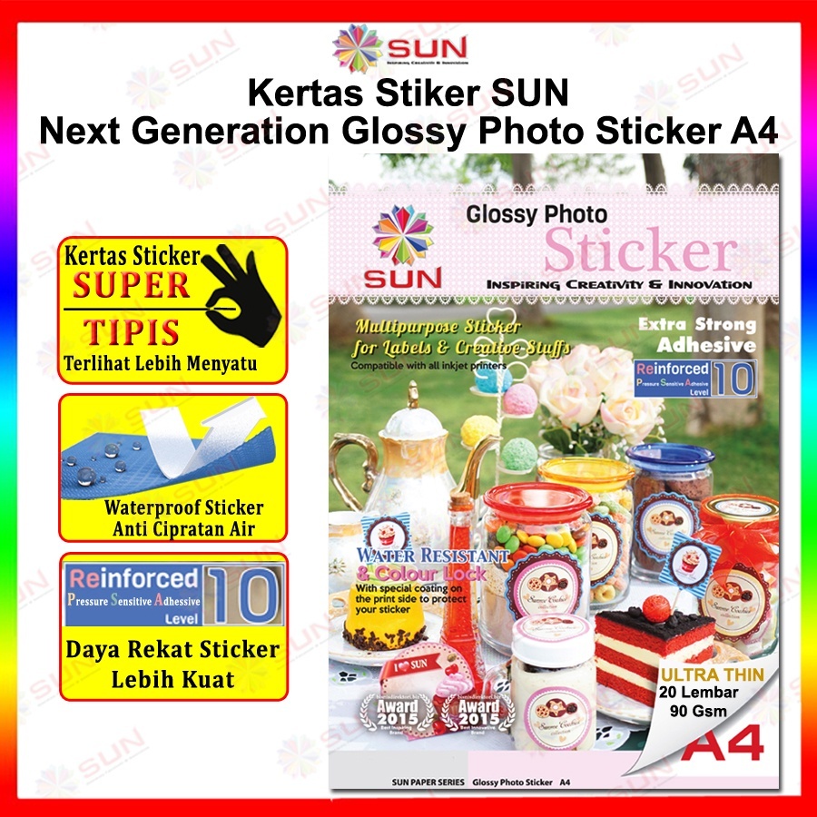 

Kertas Sticker A4 - SUN NG Glossy Photo Sticker Ultra Thin, 90 Gram & 140 Gram, Foto Glossy Sticker ( Support printer epson/canon/hp/brother ori (dye ) - 664, 003, 673, 001 )