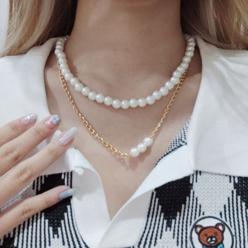 Andrea Double Layer Pearl Necklace Kalung Mutiara Dua Lapis Multilayer Korea