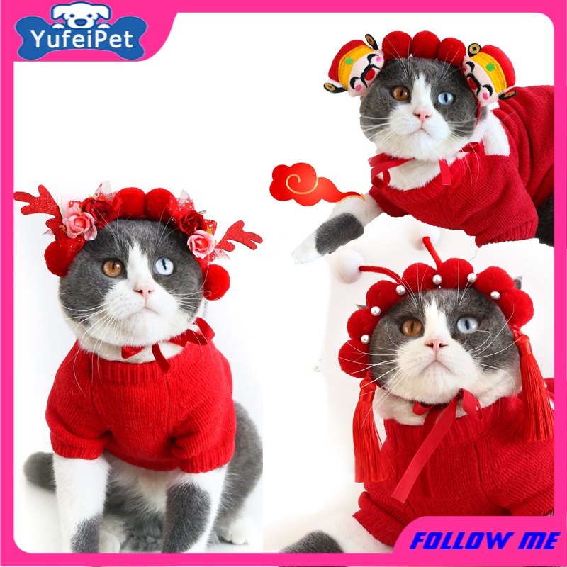 ★〓PetBest〓★ Christmas Pet Headdress Antlers Festive Cute Pet Headdress Chinese Decoration Plush Peking Opera Design Cat Cosplay Party Hat Long Earrings