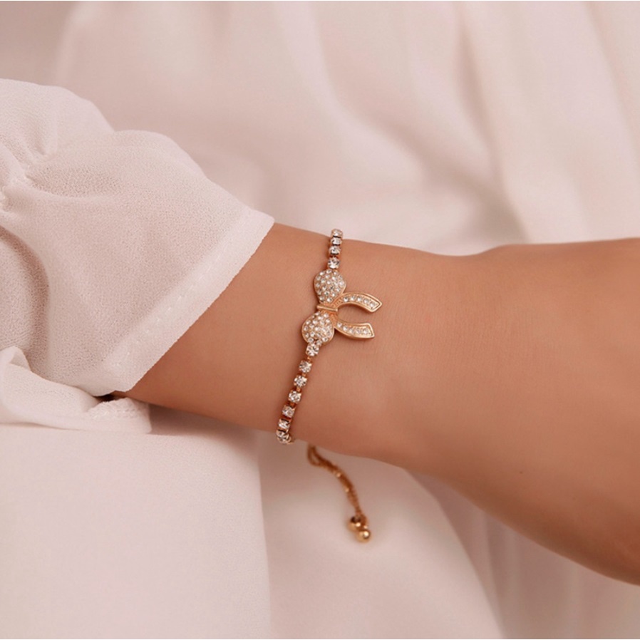 Gelang Tangan Serut Cakar PITA Rantai Adjustable Korea Fashion Pendan Kupu kupu Hias Zirkon Warna Emas Berlian Untuk Wanita Aksesoris Cewe