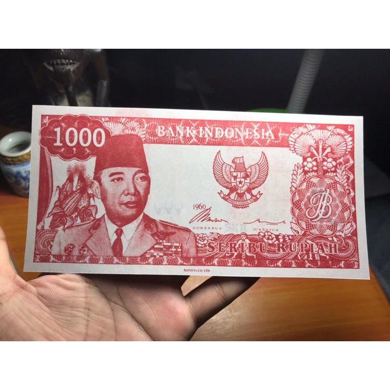 Uang Kuno Soekarno 1000 Rupiah 1960 Merah Gambar Belakang Badak