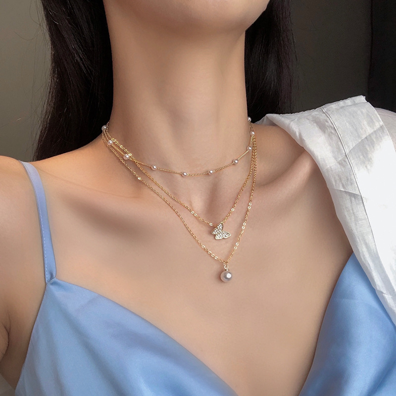 Kalung Choker Rantai Banyak Lapis Aksen Kupu-Kupu + Mutiara Elegan Untuk Wanita