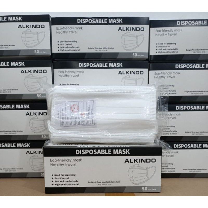 Masker Mouson dan Alkindo earloop disposable mask 3ply Per Box isi 25pcs dan 50pcs