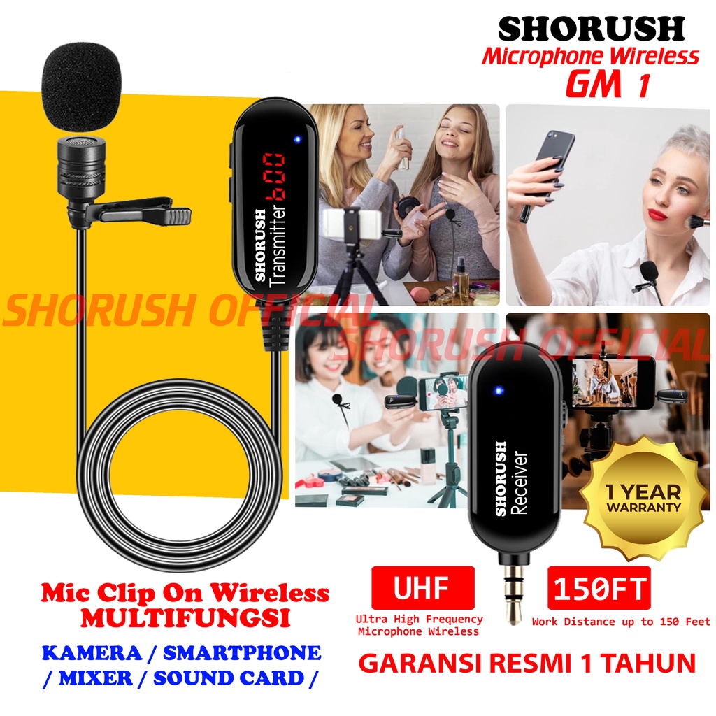 Shorush GM 1 Microphone Mic Clip On Wireless Jepit Imam Masjid UHF PRANK VLOG Untuk Smartphone HP Youtuber Camera Mirorrless Mixer Sound Card