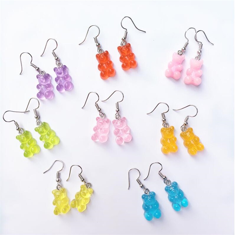 1 Pasang Anting Kait Gantung Wanita Desain Beruang Gummy Hias Kristal Warna Permen Untuk Hadiah