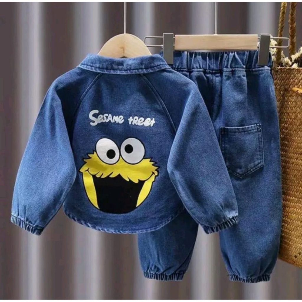 JEANS SET | SETELAN ANAK LAKI-LAKI DAN PEREMPUAN TERBARU 2022 SETELAN FULL JEANS ELMO LENGAN BERKARET 1-5 TAHUN