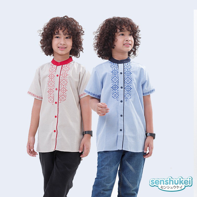 [Brandedbaby] 3-13T KEMEJA KOKO ANAK IMPORT SENSHUKEI LENGAN PENDEK BORDIR / KEMKO BIRU MERAH