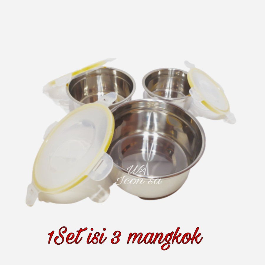 A1 Kotak Makan Bulat Stainless Steel Lengkap Tutup 3Pcs Anti Bocor Food Storage Box 3 Set