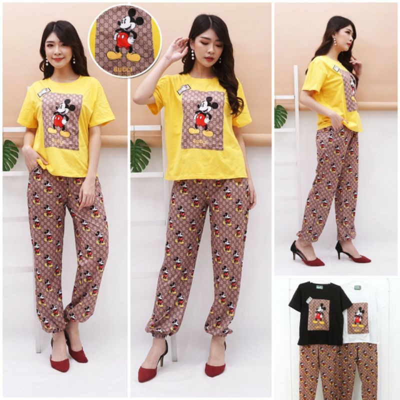 Kaos long set Gucci Mickey Disney standing cute