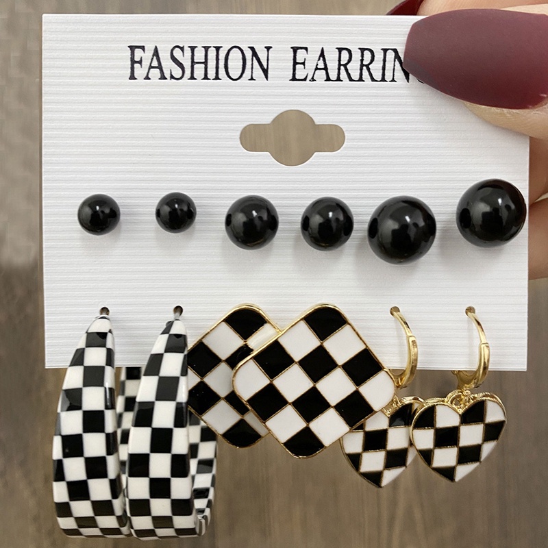 6 Pasang / Set Anting Tusuk Gantung Bahan Metal + Akrilik Desain Hati / Persegi / Kotak-Kotak Gaya Vintage / Elegan Untuk Wanita