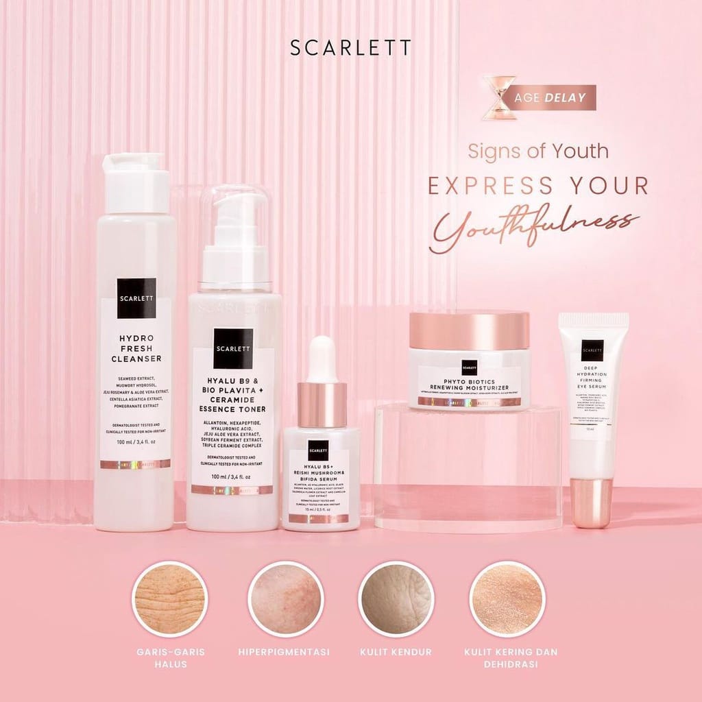 Scarlett Whitening Age Delay Series Anti Aging | Hydro Fresh Cleanser | Hyalu B5 Reishi Mushroom Bifida Serum | Hyalu B5 Bio Plavita Ceramide Essence Toner | Phyto Biotics Renewing Moisturizer | Deep Hydration Firming Eye Serum