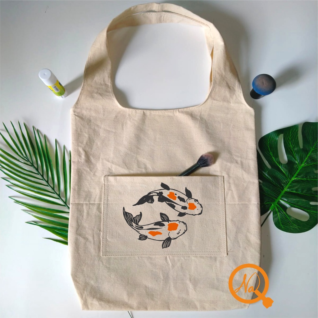 Totebag Vintage Tas tote Big Bahan Kanvas Tebal Tote Bag Kanvas-Koi