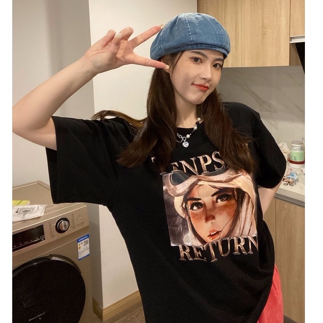 baju wanita kekinian kaos atasan wanita korean style lengan pendek oversize potret printed t shirt