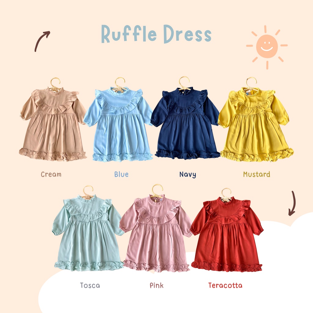 Yobebee Ruffle Korean Dress Anak Perempuan Usia 1 2 3 4 5 Tahun Baju Bayi Korea Gaun Babydoll Daster Kids Basic Polos Warna Pastel Katun Lembut Model Baju Casual Harian Main Santai Anak Cewek